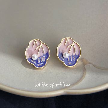 Gold Rim Pink Purple Enamel Shell Stud Earrings Pearl Accent