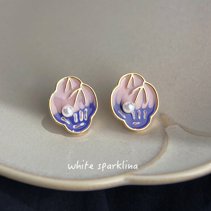 Gold Rim Pink Purple Enamel Shell Stud Earrings Pearl Accent