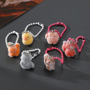 Flocked Mini Animal Keychains Bead Chain Six Styles