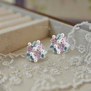 Silver-Tone Enamel Flower Cluster Stud Earrings with Pearls, Pair