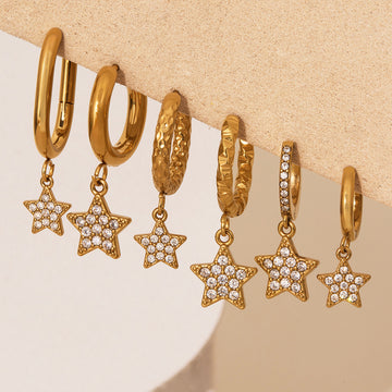 Gold Star Zircon Drop Hoop Earrings Smooth Twist Pavé Styles