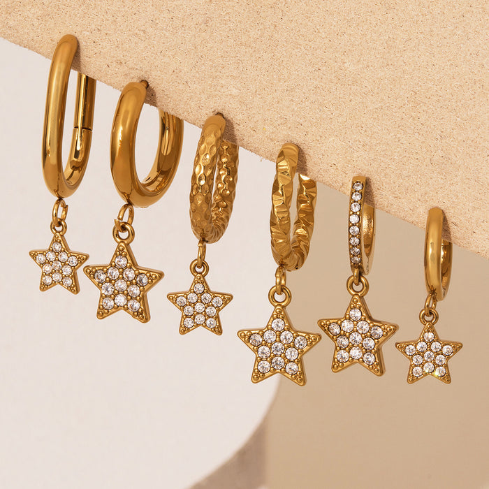 Gold Star Zircon Drop Hoop Earrings Smooth Twist Pavé Styles