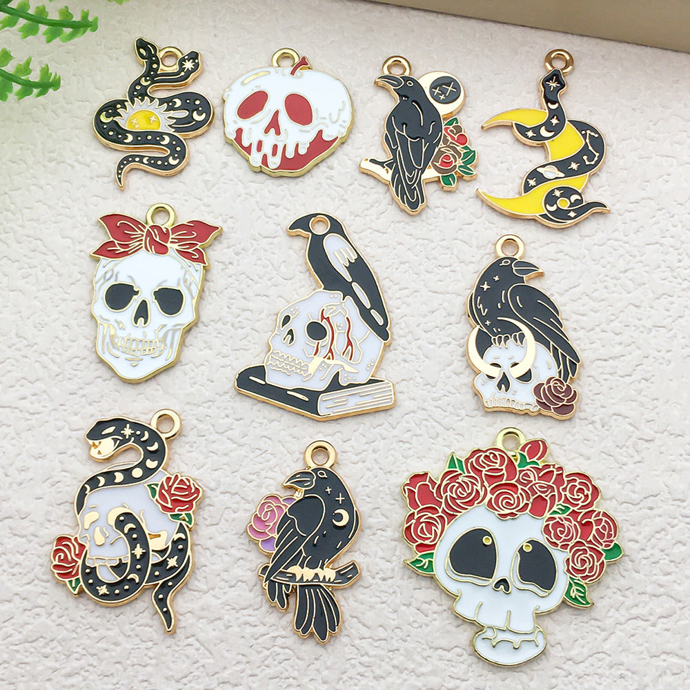 Enamel Zinc Alloy Sun Moon Double Head Snake Skull Black Cat Charm Pendant DIY