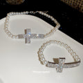 Silver Rhinestone Cross Pearl Necklace And Bracelet Set view 4