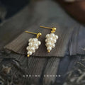 Gold Tone Glass Pearl Grape Cluster Drop Stud Earrings view 1