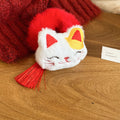 White Plush Maneki Cat Scrunchie Red Pom and Tassel view 6