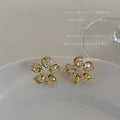 Olive Green Flower Stud Earrings Gold Tone Clear CZ Accents view 1