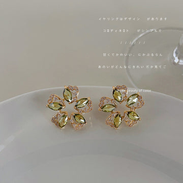 Olive Green Flower Stud Earrings Gold Tone Clear CZ Accents