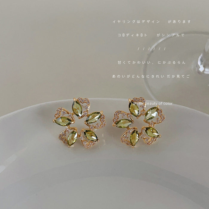 Olive Green Flower Stud Earrings Gold Tone Clear CZ Accents