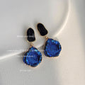 Black Irregular Top And Cobalt Blue Rough Disc Drop Stud Earrings view 4