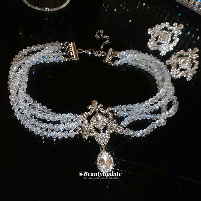 Crystal Bead Drop Pendant Choker And Clip Earrings