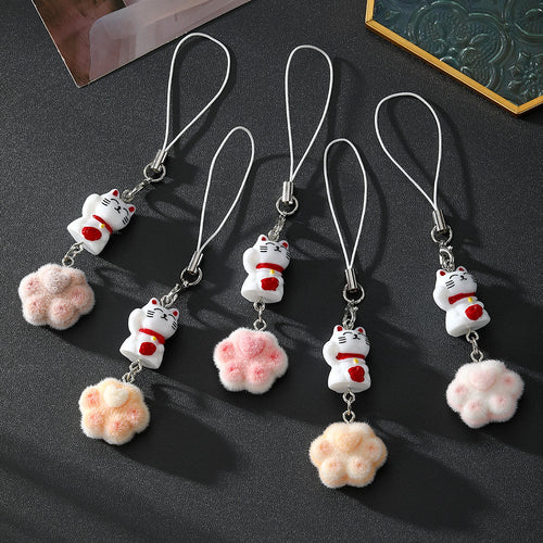 Five lucky cat phone strap charms with flocked paws in pink yellow cream and brown