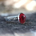 Antique Silver Blood Red Oval Cabochon Engraved Band Ring view 2