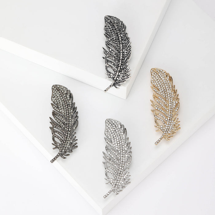 Rhinestone Feather Brooch Gold Silver Gray Black Four Styles