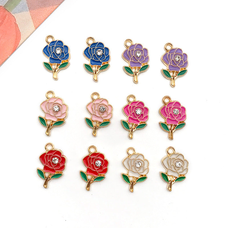 Zinc Alloy Rhinestone Rose Flower Charm Pendant for DIY Earrings Necklace and Bag Decoration