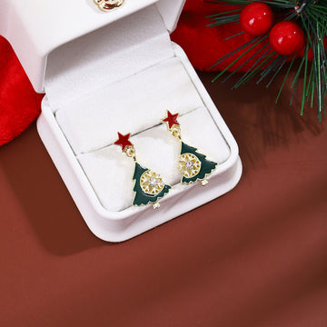 Red Star Green Christmas Tree Bell Dangle Stud Earrings