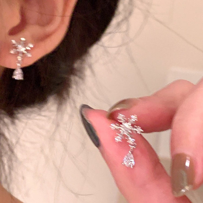 Silver Tone Snowflake and Teardrop Crystal Stud Earrings
