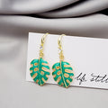 Green Monstera Leaf Gold Tone Botanical Long Hook Earrings view 4