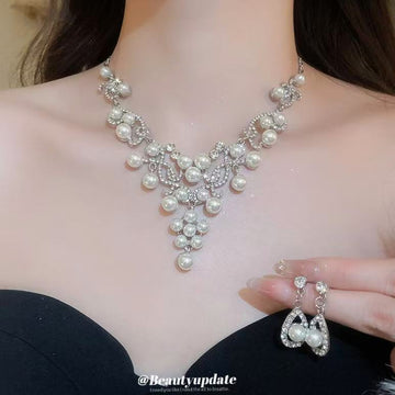 Silver Rhinestone Pearl Teardrop V Necklace Earring Set