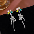 Pink and Multicolor Flower Stud Earrings Crystal Bow Drops view 2