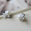 Silver Pearl Flower Stud Earrings Marquise CZ Leaves view 5