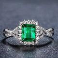 Green Rectangular Stone Floral Halo Ring In Polished Silver Tone view 3