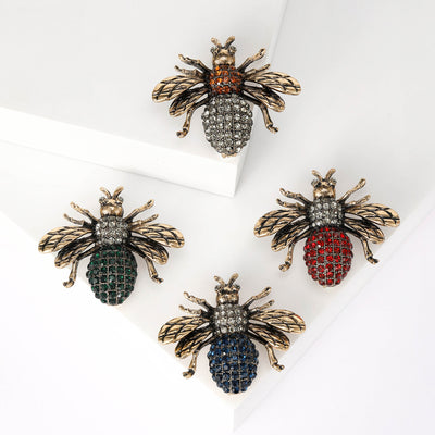 Main front view of Antique Gold Tone Jeweled Bee Brooch In Four Colors