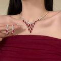 Red Marquise Crystal V Necklace Stud Earring Silver Set view 1