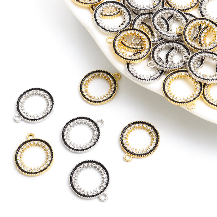 Black Edge Rhinestone Open Circle Pendant Charms in Two Finishes