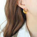 Irregular Threaded C-Shape Nut Hoop Earrings Gold Steel view 7