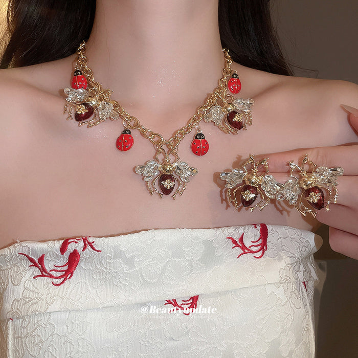 Gold Bee Ladybug Crystal Insect Necklace and Stud Earrings