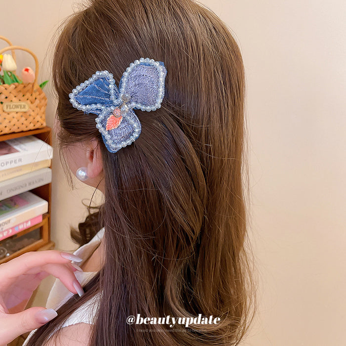 Blue Embroidered Butterfly Crystal Bead Duckbill Hair Clip
