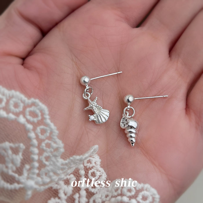 Silver Asymmetric Starfish Shell Conch Dangle Stud Earrings