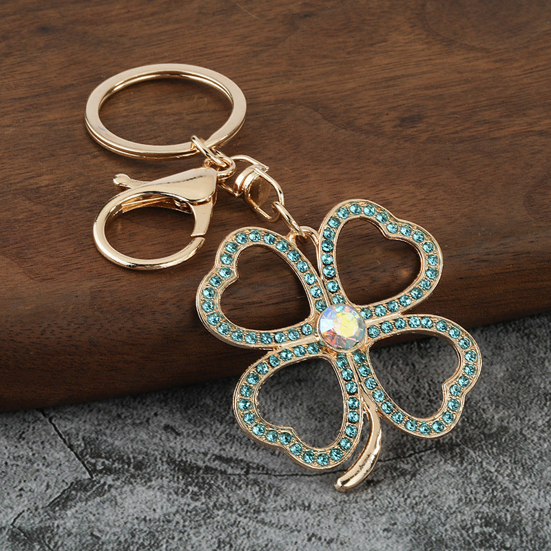 Green Four Leaf Clover Rhinestone Keychain for Women's Bag Charm