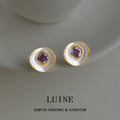 Gold Tone White Round Disc Purple Square Stone Stud Earrings view 4