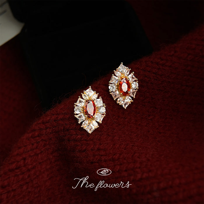 Gold Tone Red Oval Crystal Cluster Floral Stud Earrings