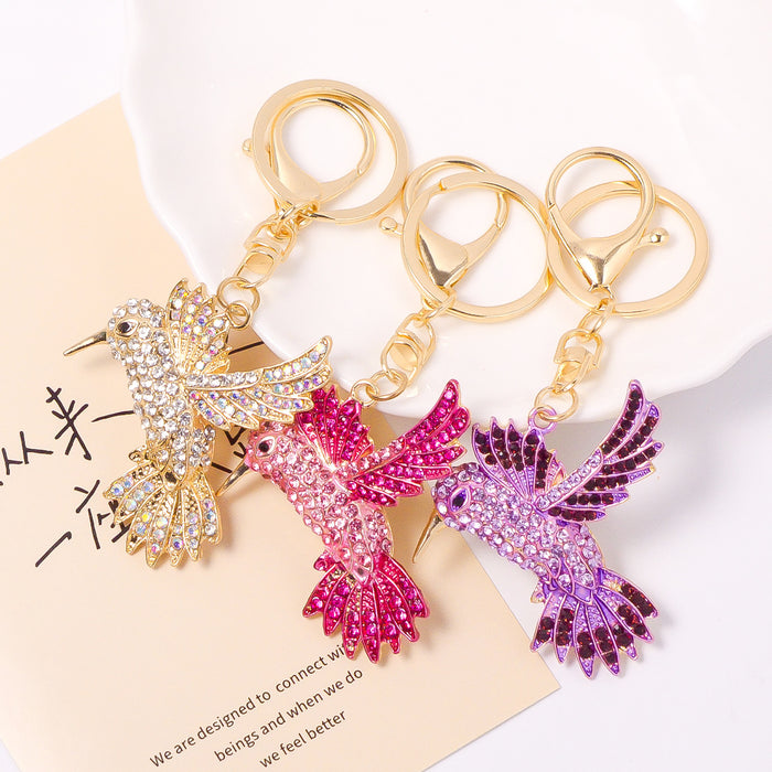 Rhinestone Hummingbird Keychain Gold Tone Flying Bird Charm