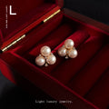 Gold Three Pearl Cluster Clear Crystal Stud Earrings Pair Style view 4