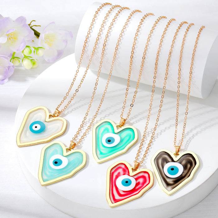 Gold Tone Large Heart Resin Evil Eye Pendant Necklaces
