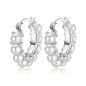 Pearl Bead Hoop Earrings in Polished Silver Tone Jewelry