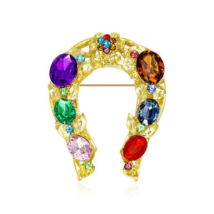 Rainbow Rhinestone Horseshoe Brooch Gold Multicolor Gem Pin