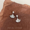 Silver Tone White Pearl Top Ginkgo Leaf Drop Earrings For Women view 3