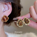 Brown Stone Look Stud Earrings in Round and Ornate Shapes view 2
