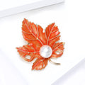 Orange Enamel Maple Leaf Brooch Gold Tone White Pearl view 4