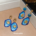 Blue Floral Oval Drop Earrings with Gold Tone Frames view 3