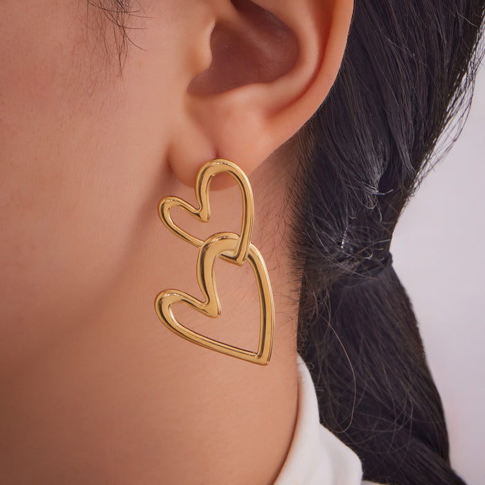 Open Double Heart Link Earrings in Three Metal Finishes