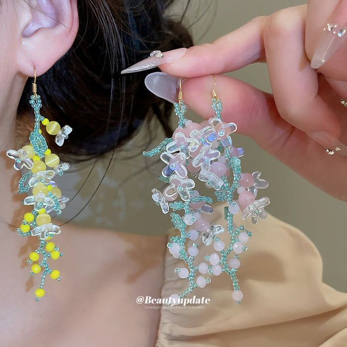 Pastel Flower and Leaf Long Dangle Hook Earrings Two Colors