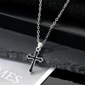 Silver Tone Black Enamel Cross Pendant Necklace and Huggie Earrings view 3