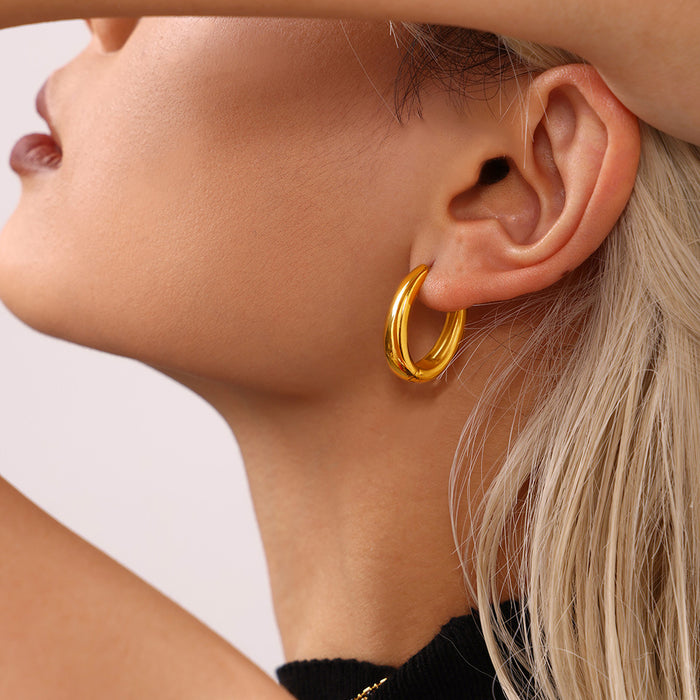 Polished Chunky Oval Hoop Earrings Gold and Steel Metal