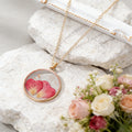 Gold Tone Round Pressed Flower Pendant Necklaces in Fourteen Designs view 4